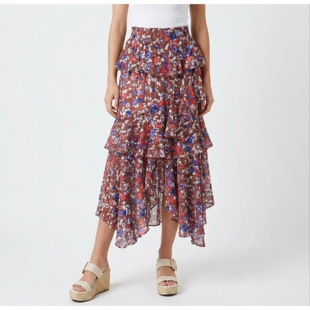 MISA Los Angeles Brown Floral Asymmetrical Tiered Ruffle Midi Skirt Small Boho